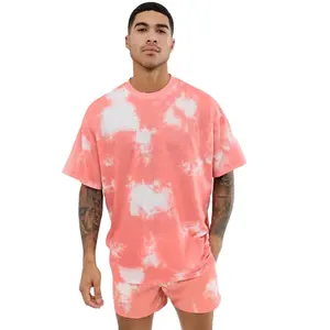 KY 设计粉色圆领下降肩领带染料设计 co-ord 男士超大 t恤和短裤男装双集