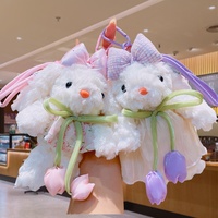 Porte-clés en peluche lapin aux oreilles tombantes mignon et moelleux, pendentif de sac, poupée en peluche lapin fleuri adorable, ornement animal doux, cadeau