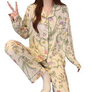 Femmes Long Cardigan Revers Pyjama Ensemble Printemps <span class=keywords><strong>Fleur</strong></span> Imprime Taille Élastique Fermeture Chaud Deux Pièces Confortable Vêtements - Product Image 1