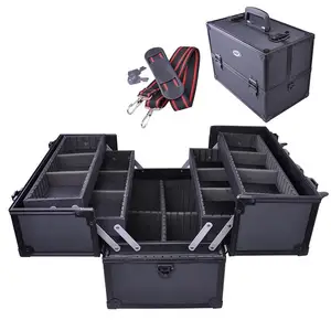 Trang Điểm Train Trường Hợp Pro Có Thể Điều Chỉnh 4 Khay Mỹ Phẩm Trường Hợp Lưu Trữ Organizer Box W/Khóa Khoang 14Inch Lớn Màu Đen Trường Hợp