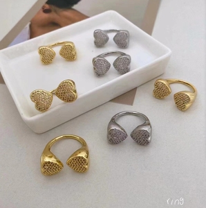 18k镀金双心开口袖口戒指CZ微型铺砌永恒带简约精致女用珠宝 - Product Image 4
