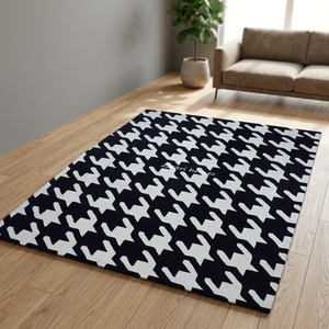 Tapis géométrique noir et blanc à poils longs, réversible, à rayures, noué à la main, brodé, rectangulaire, pour la maison et l'hôtel - Product Image 2