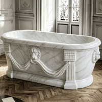 Baignoire en marbre moderne faite à la main avec sculpture de tête de lion, baignoire de luxe blanche de grande taille pour villa