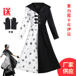 Vestido de Bruja Cruella en Blanco y Negro para Mujer Adulta, Disfraz de Disney, Traje para Cosplay, Vestido para Representaciones Escénicas con Guantes Incluidos - Product Image 1