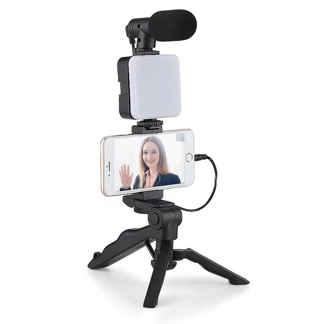 Shotgun Microphone AY-49 Tripod Vlogging Kit Smartphone Vlog LED Light Live Streaming Microphone Video Making Kit Lamp