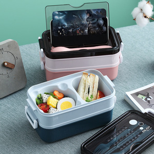 1pc 1050ml Dual Tier Heatable Leak Proof Eco-Friendly <b>Lunch</b> <b>Box</b> Portable <b>Compartment</b> <b>Box</b> Microwave Fork Chopsticks Spoon Picnic - Product Image 2
