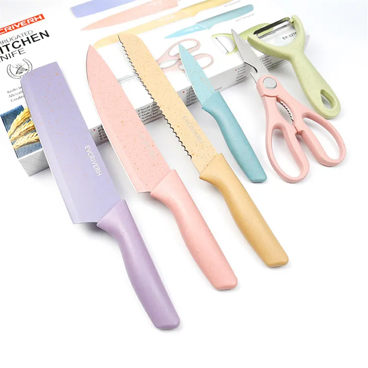 Fashion medical stone coated rainbow stainless steel kitchen knife set 6-piece combination knives for family kitchen