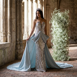 Robe de soirée sirène de luxe Nt120 à sequins, avec surjupe en satin, décolleté cœur, broderie en mousseline scintillante et fronces, pour bal de promo - Product Image 1