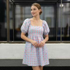Robe Courte en Coton à Manches Bouffantes, Col Carré, Coupe Trapèze, Imprimé Géométrique, Style Prairie Chic Décontracté d'Été, Taille Empire, Respirante - Product Image 2