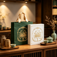 Sac en papier d'art de luxe de haute qualité avec poignée en ruban, emballage de boîte cadeau en carton, boîte à thé haut de gamme, logo personnalisé, image de marque d'entreprise