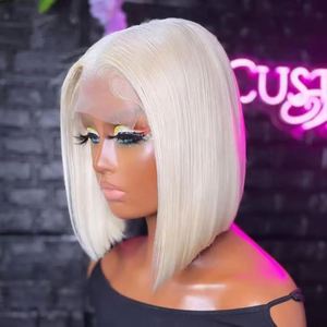 Perruques Bob Blond Platine Gris Argenté 13x4 Lace Frontal Cheveux Humains pour Femmes Lisses et Soyeux Coupe Droite Blanche Blonde - Product Image 3