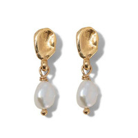 Boucles d'oreilles pendantes en perles baroques vintage françaises, plaquées or 2,5 µm, en argent 925 martelé, élégantes et minimalistes, bijoux de mariée