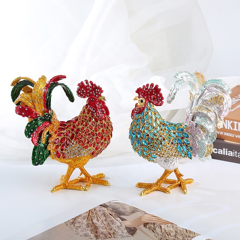 Rooster Jewelry Trinket Box - Art Deco Metal Statuette