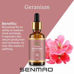 <span class=keywords><strong>Huile</strong></span> <span class=keywords><strong>essentielle</strong></span> de <span class=keywords><strong>géranium</strong></span> pure et naturelle qui équilibre le sébum et offre des propriétés antibactériennes, adaptée aux soins de la peau et aux parfums d'intérieur. - Product Image 1