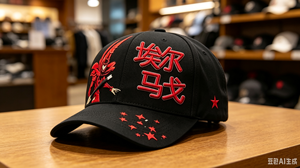 Black <b>Baseball</b> <b>Cap</b> Embroidered Character Design Red Chinese Text Japanese Style Unisex 5 Panel Hat - Product Image 3