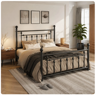 Cadre de lit en fer forgé avec pieds à roulettes, lit plateforme double avec rangement sous le lit pour chambre moderne