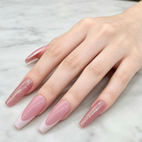 Uñas postizas al por mayor con punta francesa profunda, largas, estilo ataúd, color rosa empolvado con purpurina, uñas artificiales con logo personalizado, reutilizables