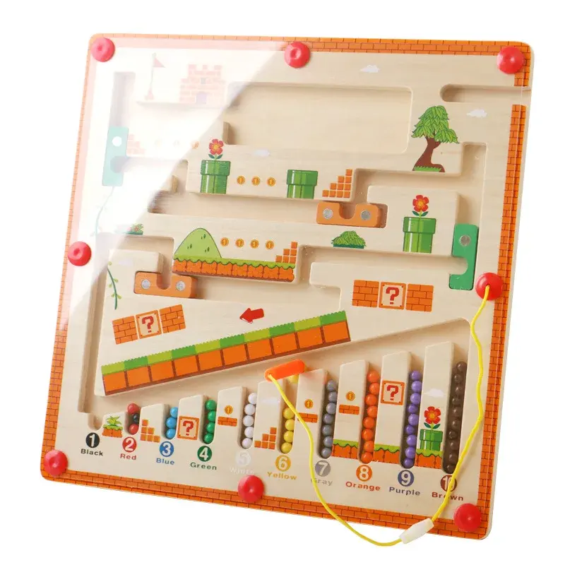 Mainan labirin Magnet warna kayu dan angka, mainan Slot aktivitas papan permainan Puzzle montesori