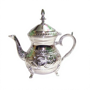 Silver Finish Brass Portable Durable Food Grade <b>Teapot</b> Scallop Pattern Neck Floral Engraving Traditional Moroccan <b>Tea</b> Server - Product Image 1
