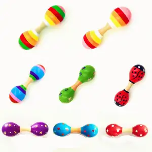 Nuovissimo doppio testa colorato in legno Maracas bambino del bambino strumento musicale sonaglio Shaker per partito giocattolo