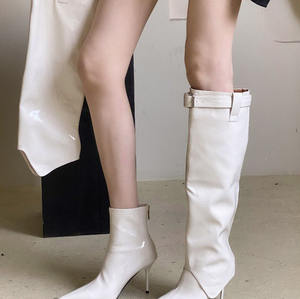 Bottes hautes en cuir verni à talon aiguille et bout pointu pour femme, style européen et américain, avec bride à boucle, non montantes au-dessus du genou, type bottes d'équitation - Product Image 5