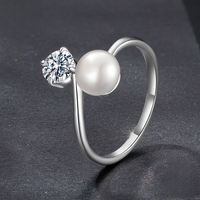 Bague ajustable en argent sterling S925 avec double pierre de moissanite VVS GRA de 0,5 carat taille ronde et perle pour femme