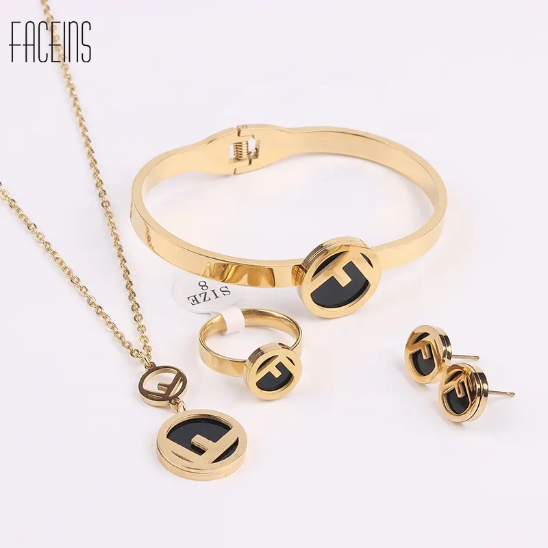 FACEINS Factory Supply Trend Letter Stainless Steel Jewelry Sets Women 18K Gold Plated Jewelry Set Daily