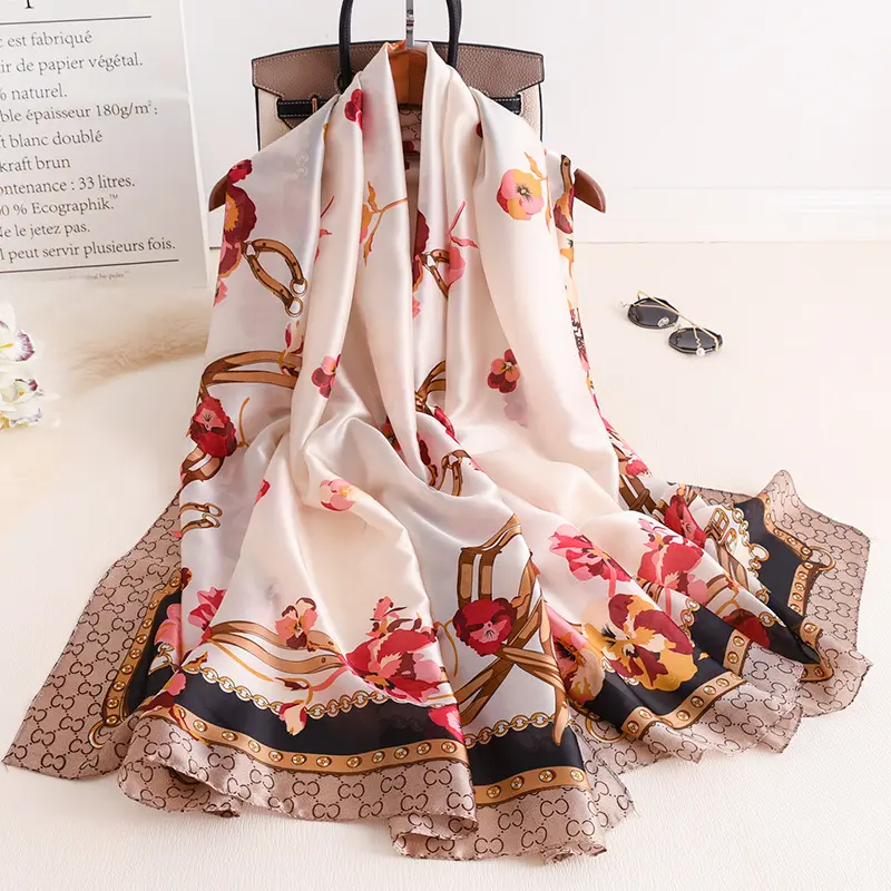 Wholesale 2020 new design female soft satin shawl newest floral printed korea style scarves silk women