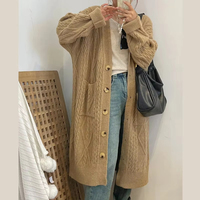 Lady Fashion Open Chest Long Sweater Coat Col en V Manches chauve-souris Casual Cable Knit Automne Saison Patchwork Pattern Front Logo