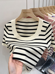 Ropa de punto para mujer, Camiseta de calidad Premium, Tops de moda, Camiseta de punto para mujer, Top corto de rayas informales de seda de secado rápido - Product Image 3