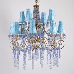 Exquisite Brass Crystal Shaded Chandelier French Luxury Blue Fabric <strong>Shade</strong> <strong>Beaded</strong> Hanging <strong>Light</strong> for Hotel Lobby - Product Image 1