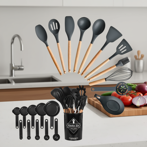 Ensemble de cuisine 35 pièces, ustensiles de cuisine en silicone, manche en bois, spatule, cuillère, fouet, spatule à retourner, outils de pâtisserie avec support, résistants à la chaleur - Product Image 2