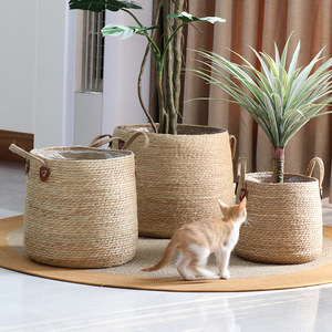 Rattan <b>Basket</b> Set Round With Handles Storage For Plants Living Room Decor - Product Image 3