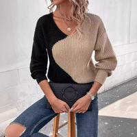 Pull en tricot pour femme, style décontracté et ample, à blocs de couleurs, manches longues, col en V, style unique (personnalisable)