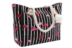 Grand <span class=keywords><strong>sac</strong></span> de plage en toile avec logo imprimé à rayures beiges, fourre-tout avec boule de cheveux pour femmes, vente en gros - Product Image 3