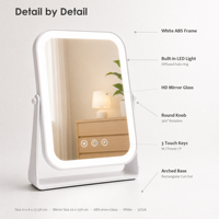 Miroir de maquillage éclairé blanc 20x25cm, miroir de bureau rotatif à 360°, coins arrondis, 3 modes de couleur, variateur d'intensité, capteur tactile, 1X HD
