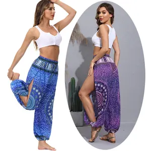 Womens High Slit Yoga Pants Loose Bohemian Trousers Flowy Gypsy Costume Hippie Loungewear Jogger Sweatpants Harem Pants