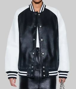Veste de baseball en cuir noir et blanc pour femmes, vêtements décontractés de style streetwear - Product Image 5