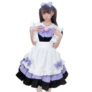 Disfraz de Cosplay de Anime Estilo Japonés, Lindo Traje de Sirvienta Loli, Vestido Negro y Morado, Falda para Mujer con Lazo y Diadema de Patas de Gato - Product Image 1