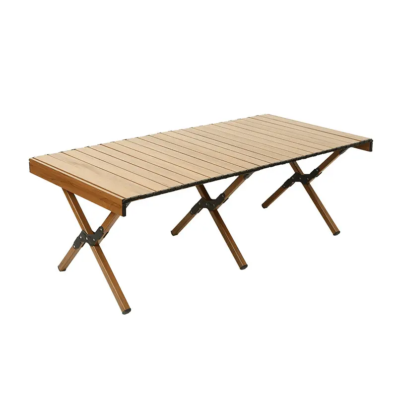 לוגו OEM סיטונאי חדש קל משקל חיצוני מלבן עץ, אלומיניום מתקפל ביצה שולחן רול קמפינג שולחן פיקניק