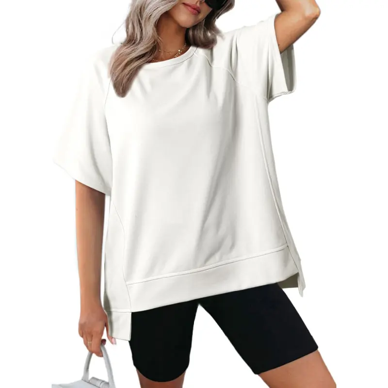 Ropa de mujer, venta al por mayor, camiseta blanca de cuello redondo de algodón con logotipo personalizado para mujer, Camiseta con hombros caídos de 240gsm para mujer