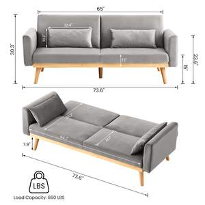 Sofá Moderno Tapizado Convertible en Cama, Sofá Cama de Terciopelo con Armazón de Madera para el Hogar - Gris - Product Image 6