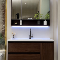 Meuble-lavabo mural moderne en marbre avec miroir LED et vasque intégrée pour hôtel, appartement, villa – Personnalisable