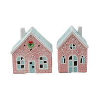 Maison de pain d'épices en céramique rose personnalisée en usine, avec LED, peinte à la main, trou de ventilation creux, style unique, décoration de Noël pour la maison, OEM ODM