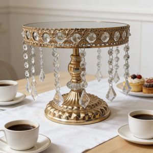 Support à gâteau rond en métal doré LANJO avec pendentif en cristal, présentoir à desserts pour mariages et anniversaires - Product Image 1