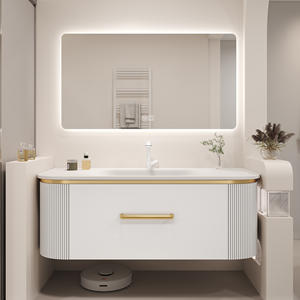 Meubles-lavabos de salle de bain luxueux avec miroir intelligent et grand tiroir, meuble-lavabo suspendu avec bande métallique dorée - Product Image 2