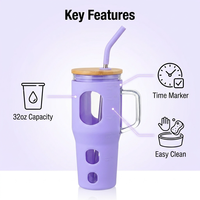 Gobelet en verre borosilicate de haute qualité sans BPA de 32 oz avec poignée, couvercle en bambou, large ouverture, marqueur de temps portable et manchon en silicone