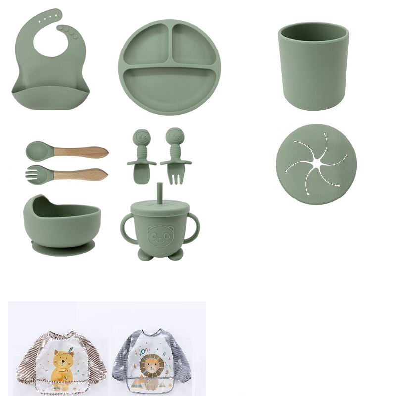 (wood fork spoon feeding set 12pieces in 1 )Green