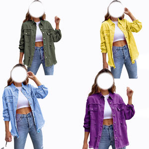 2023 nuevo estilo de longitud media Ragged Hole Denim Coat <span class=keywords><strong>mujer</strong></span> otoño manga larga Casual Polo Top - Product Image 4
