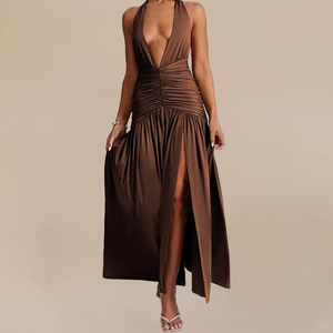 Abiti da Donna Lunghi ed Eleganti, Modello alla Moda con Scollo a V, Allacciatura al Collo, Schiena Scoperta, Pieghe e Spacco Sexy - Product Image 2